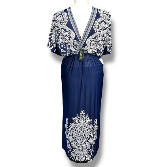 Just Love Womens Kaftan Dress Empire Waist Maxi Floral Print Blue White XL - Picture 4 of 11